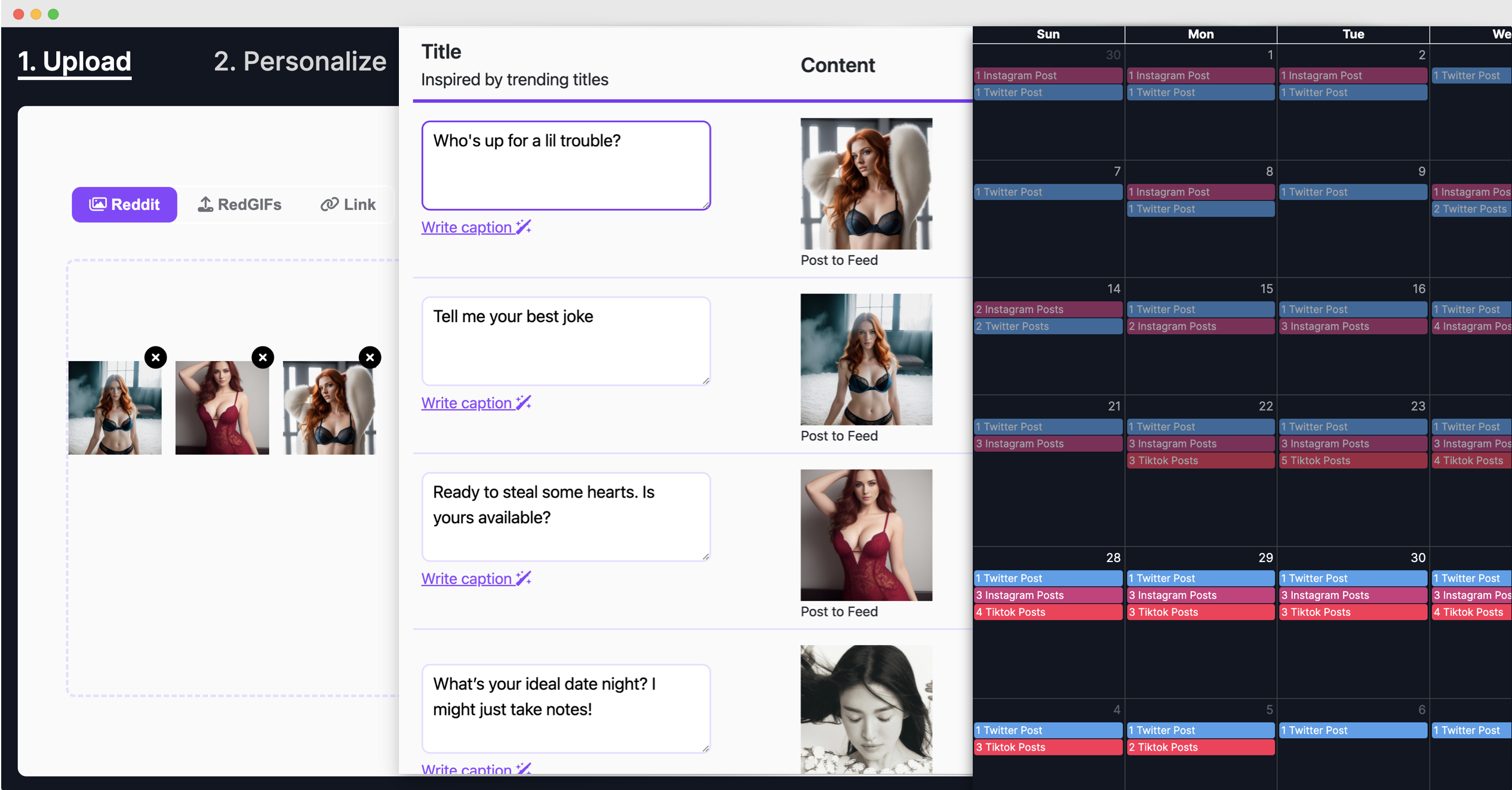 Screenshot of FanGrowth reddit scheduler, IG scheduler, tweet scheduler, tiktok scheduler
